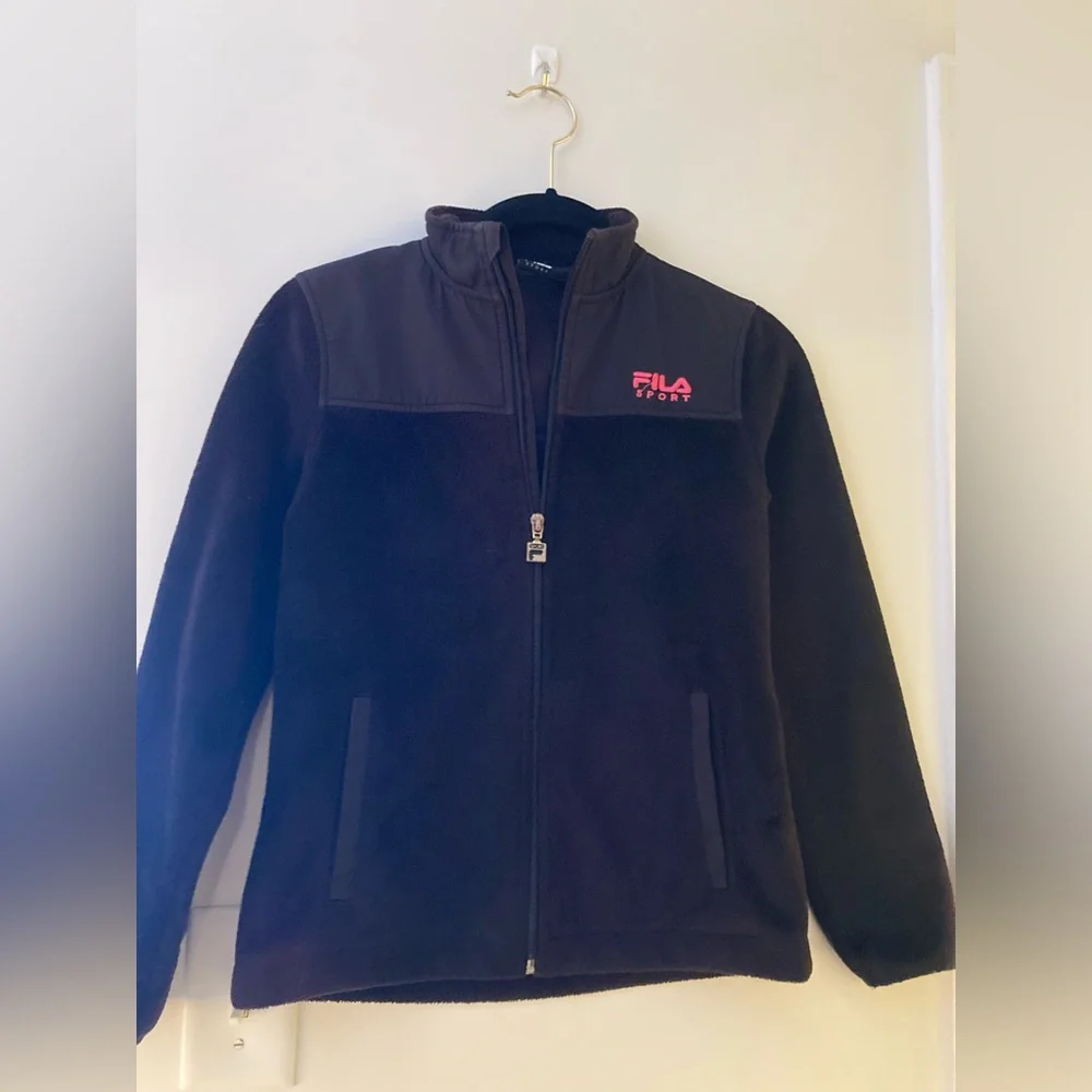 Fila Sport Girl's Black Fleece Zip Up Jacket with pink logo